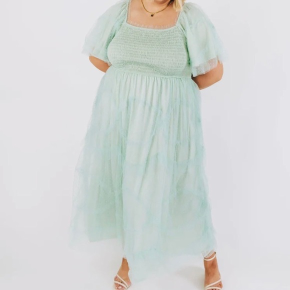 Polagram Mint Green Tulle Swiss Dot Smocked Tiered Dress. - Picture 15 of 16